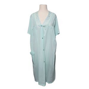 VINTAGE Danni Lingerie Nightgown Womens Size LG Teal Nylon Button Front Lace Det